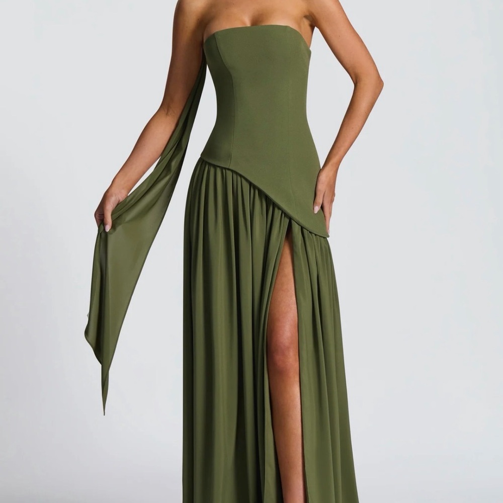 Strapless Olive Green Evening Gown with Draped Sash